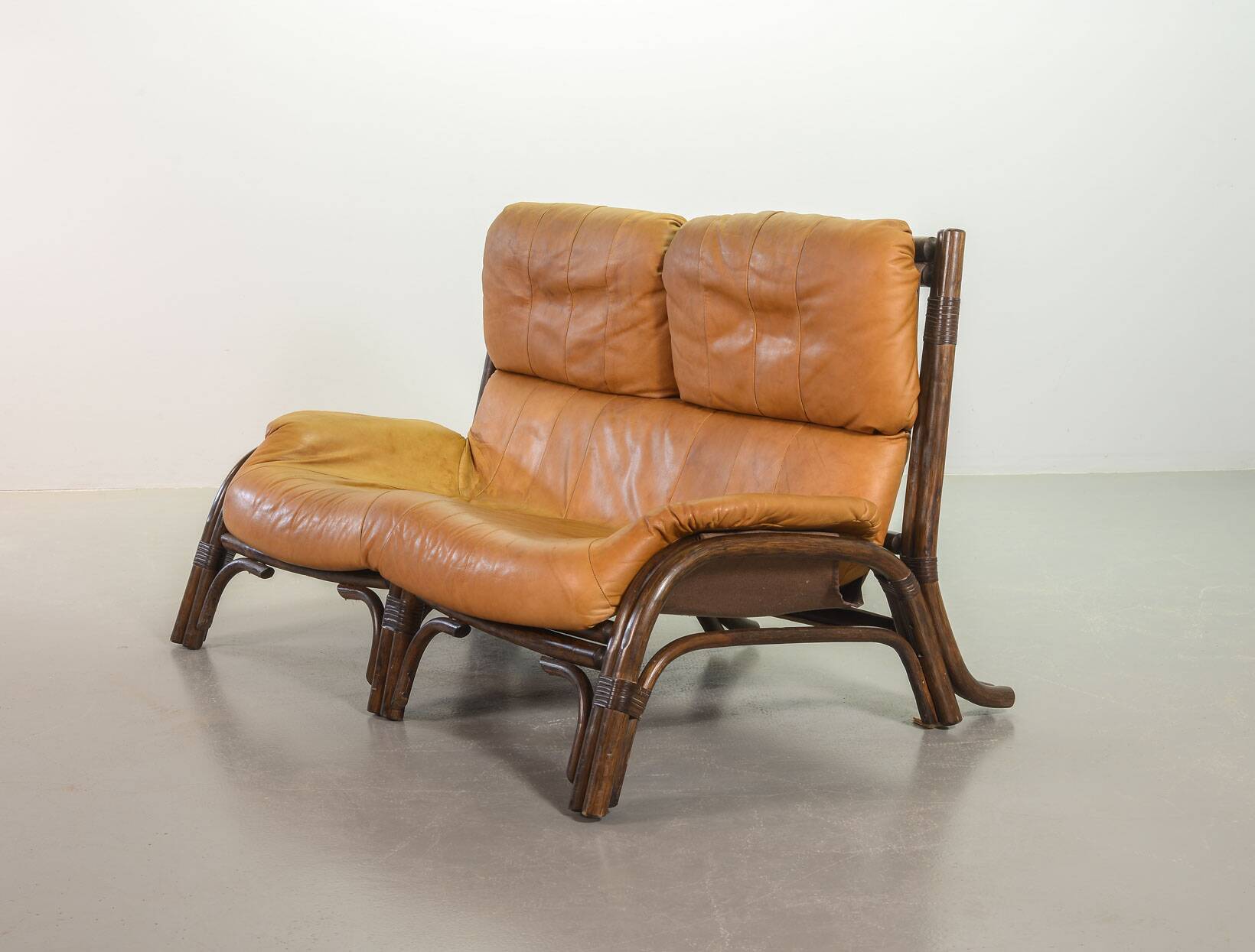 Brutalist Bentwood Love Seat Bamboo Sofa w. Caramel Leather Upholstery, 60s