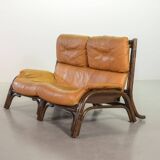Brutalist Bentwood Love Seat Bamboo Sofa w. Caramel Leather Upholstery, 60s