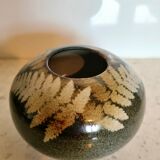 Grey brown round handmade vintage vase with leaf design