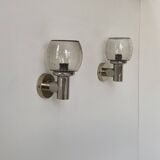 Pair of vintage wall lights, chromed metal and bubbled glass, France, 1960