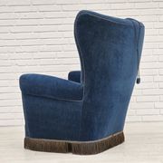 Années 1960, fauteuil relax danois à dossier haut, état d'origine, meuble en velours bleu.