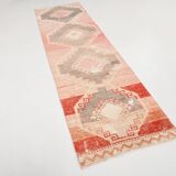 Tapis Couloir Vintage Turc, Rouge, Marron Fané & Crème Géométrique, 85x300