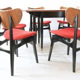 Mid-century mahogany wood and purple fabric set — drop-leaf table + 6 Butterfly chairs by G-Plan