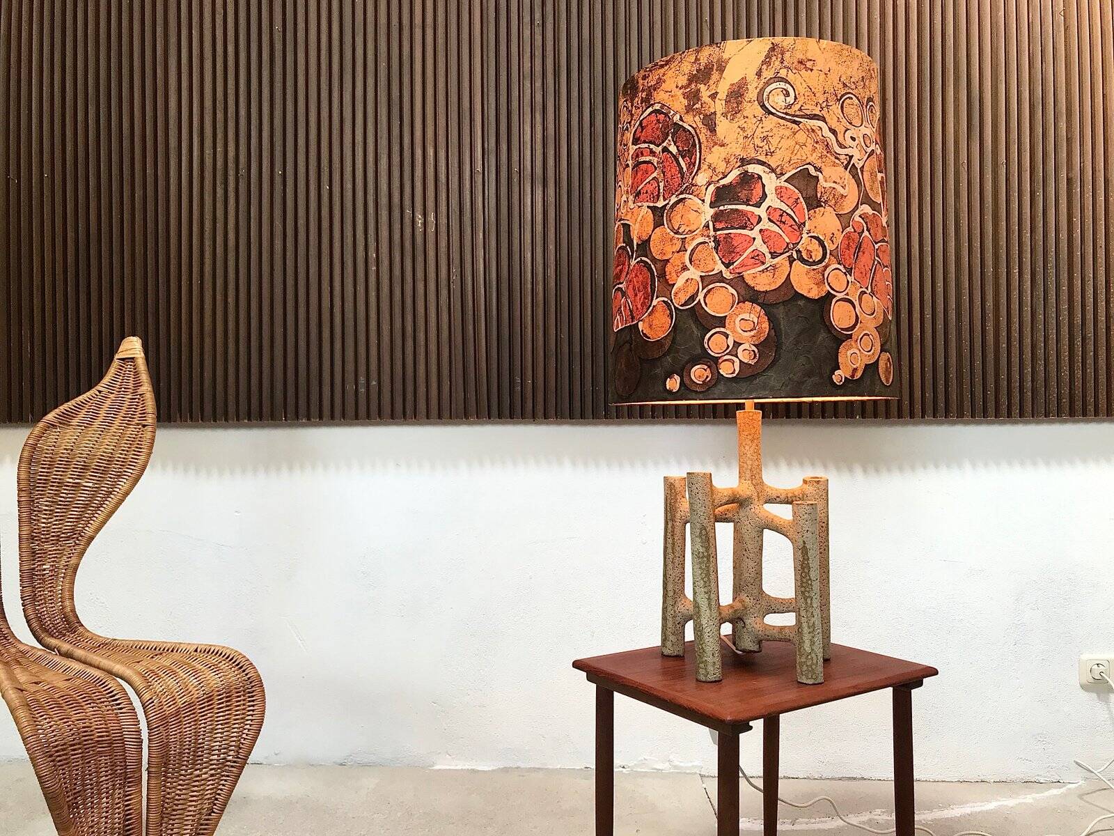 Large sculptural ceramic table lamp with textile batik lampshade, 1960s