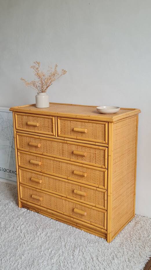 Vintage rattan chest of drawers from the 1970s.