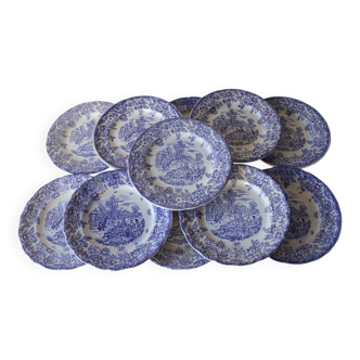 Lot de 10 assiettes anglaises à décor romantique bleu
