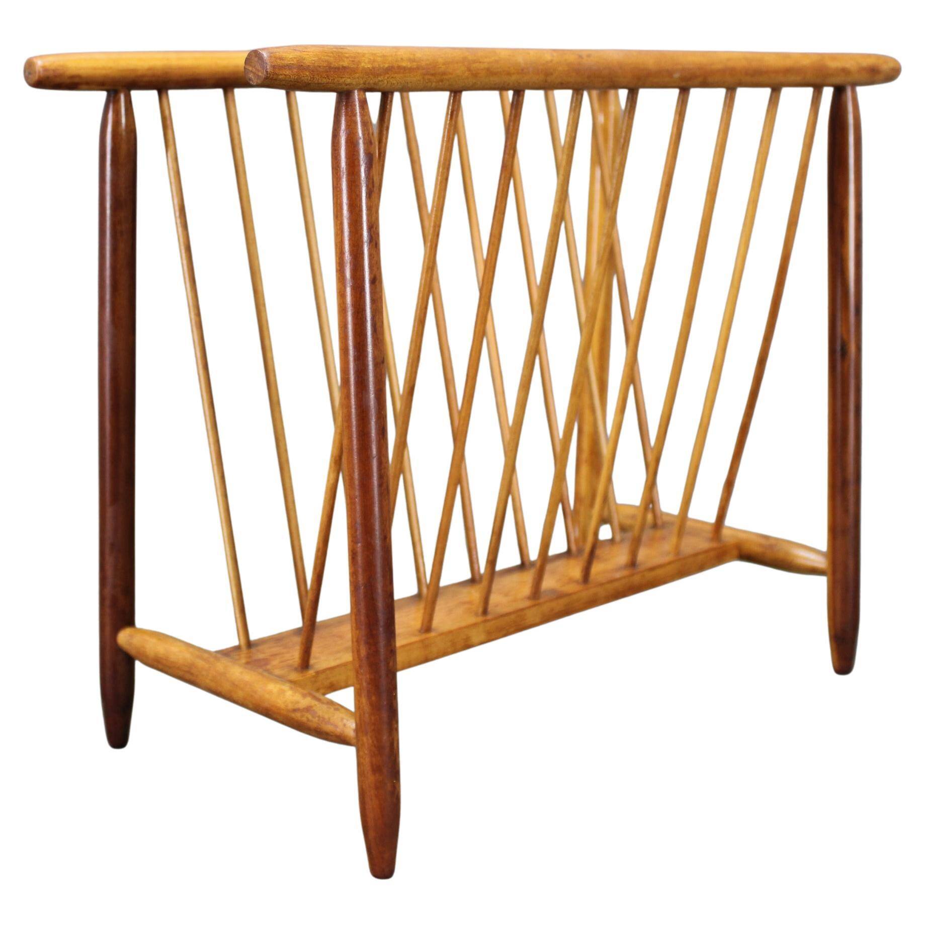 1960s uluv solid beech magazine stand, czechoslovakia