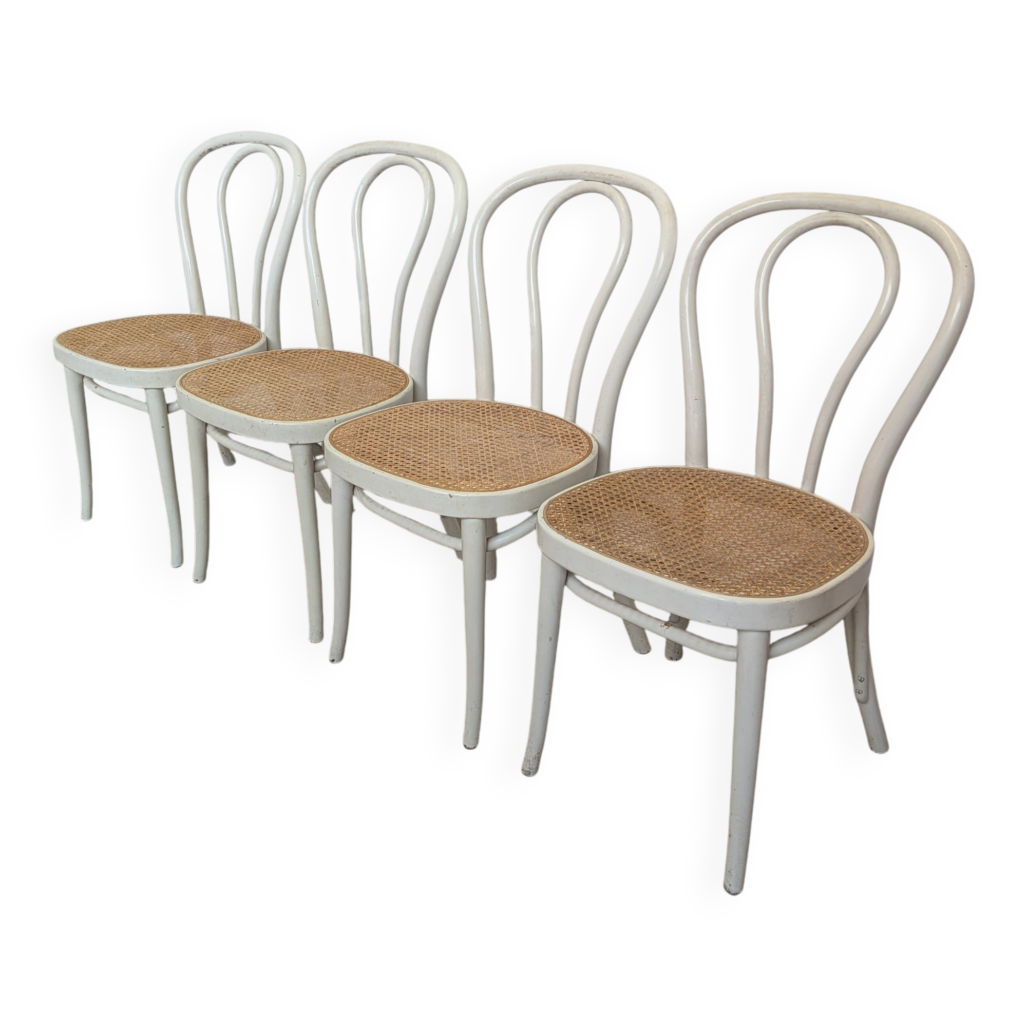 Set of 4 Vintage Thonet Style Dining Chairs: White Wood & Cane Seat