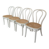 Set of 4 Vintage Thonet Style Dining Chairs: White Wood & Cane Seat