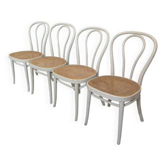 Set of 4 Vintage Thonet Style Dining Chairs: White Wood & Cane Seat