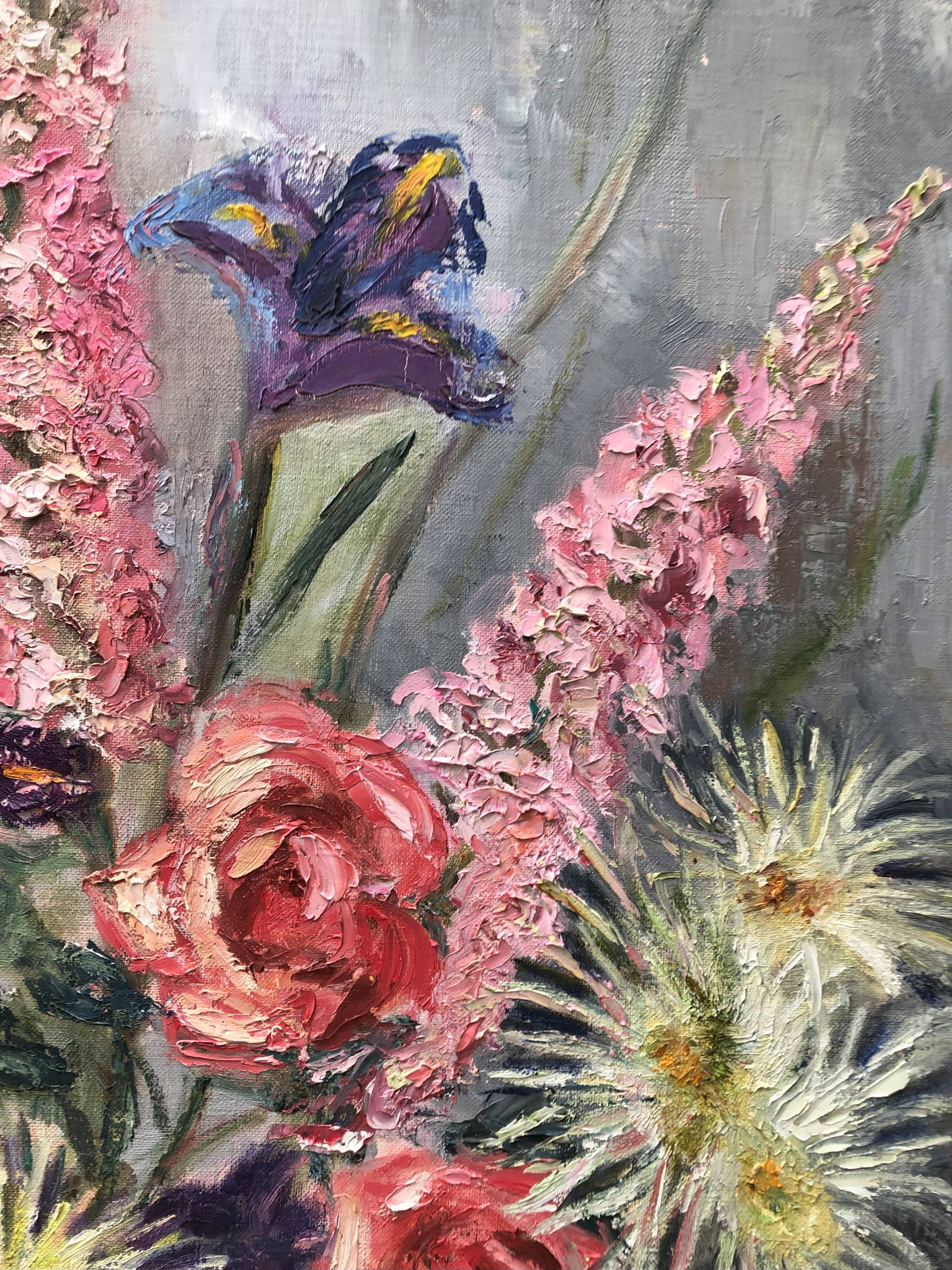 Old painting bouquet of pink flowers, iris, lupine, dahlia