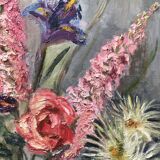 Old painting bouquet of pink flowers, iris, lupine, dahlia