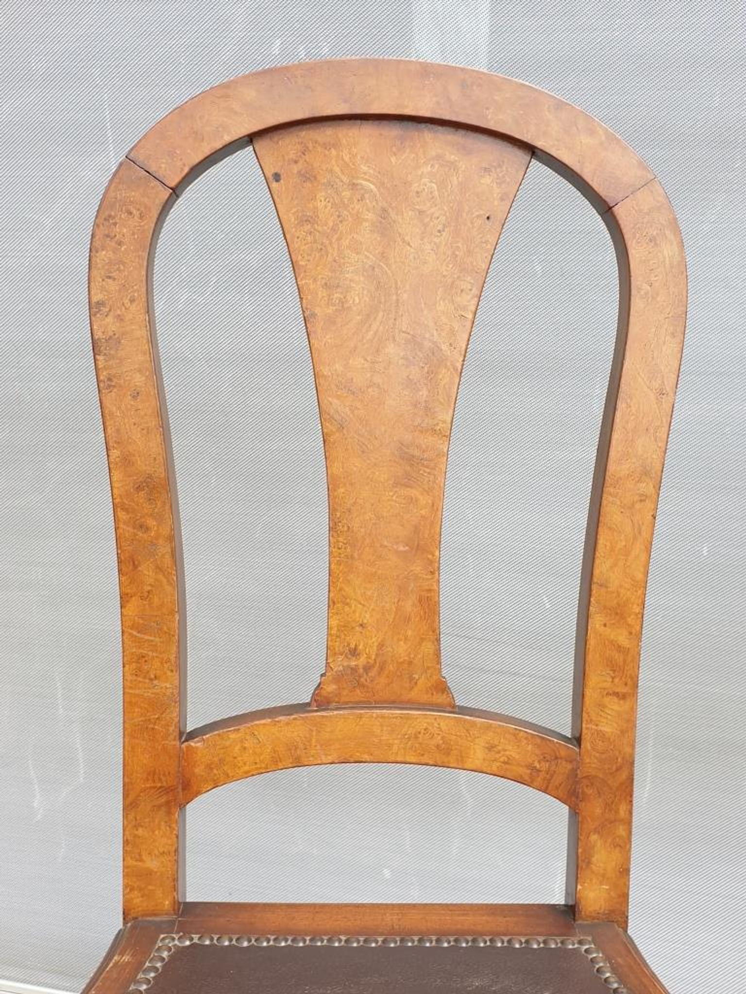 Lot 6 Art Deco chairs in Walnut style Louis XVI seat leather decorated with roses
