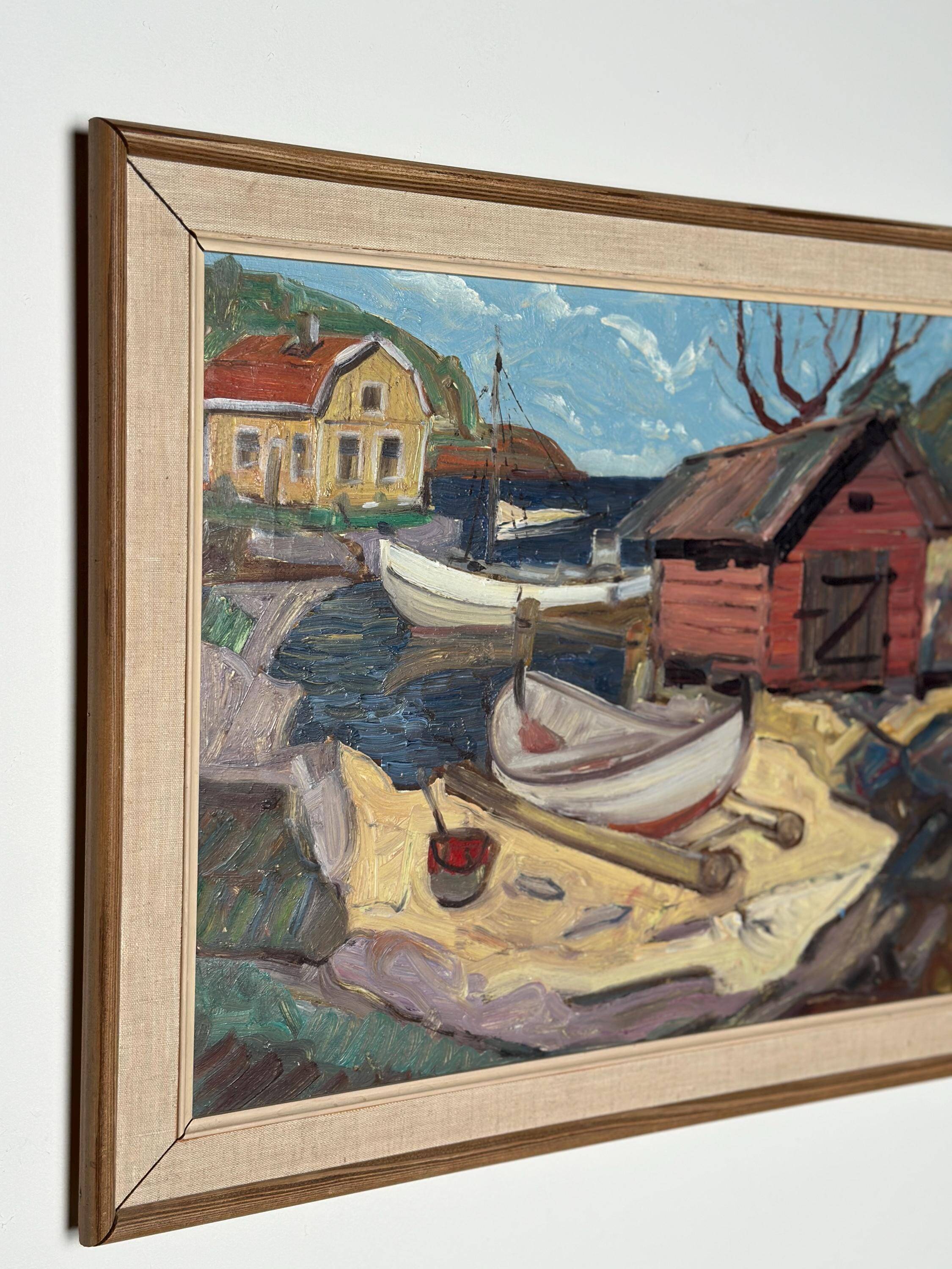 Huile sur toile suédoise d'époque mi-siècle – « Maison de bateau » par Nils Öberg – Vintage et encadrée – 53,5 × 45,5 cm (21,1" × 17,9")