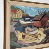 Huile sur toile suédoise d'époque mi-siècle – « Maison de bateau » par Nils Öberg – Vintage et encadrée – 53,5 × 45,5 cm (21,1" × 17,9")