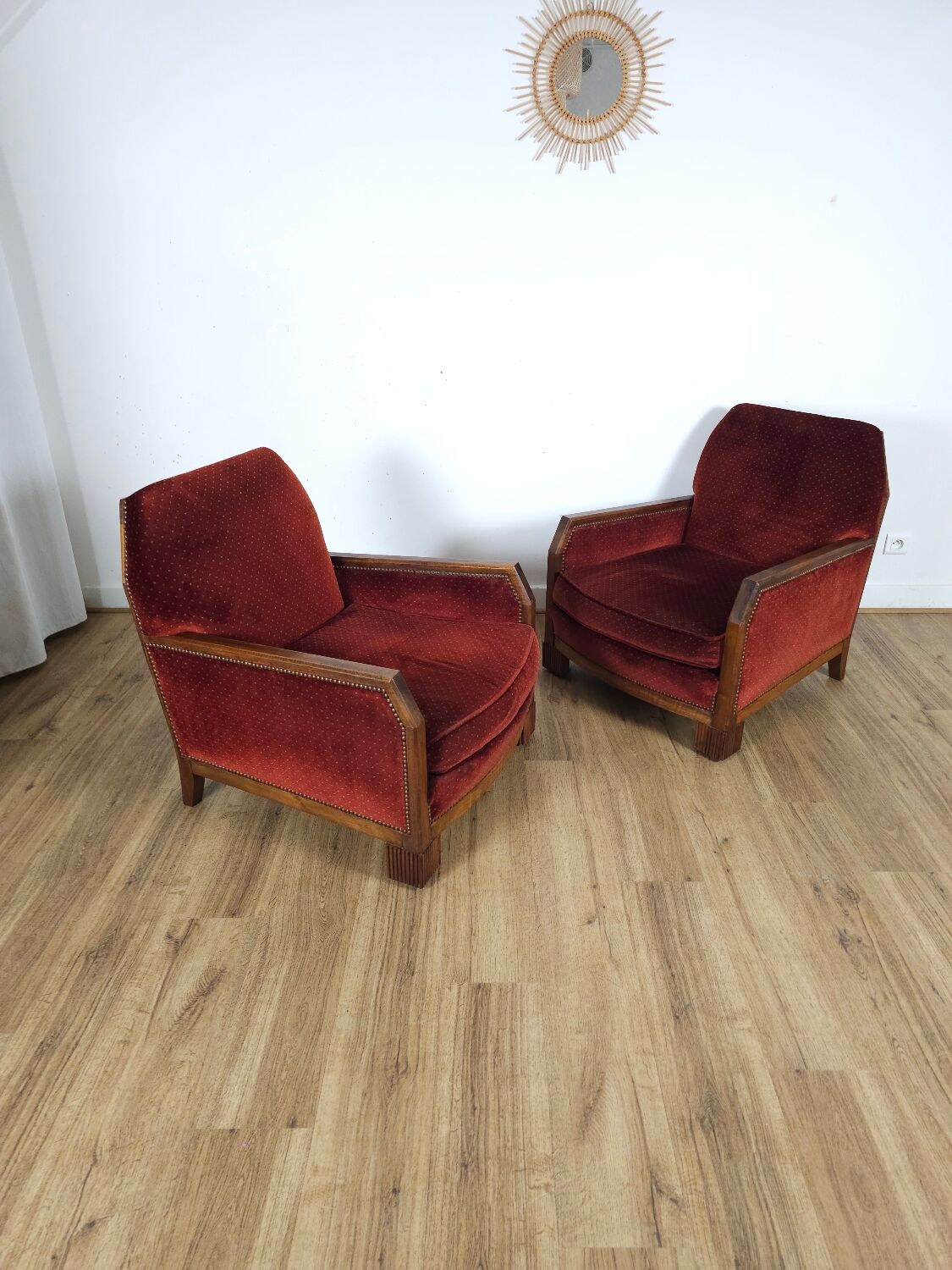 Pair of Art Deco Armchairs, Solid Wood and Red Velvet