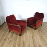 Pair of Art Deco Armchairs, Solid Wood and Red Velvet