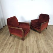 Paire de Fauteuils Art-Déco, Bois Massif et velours rouge