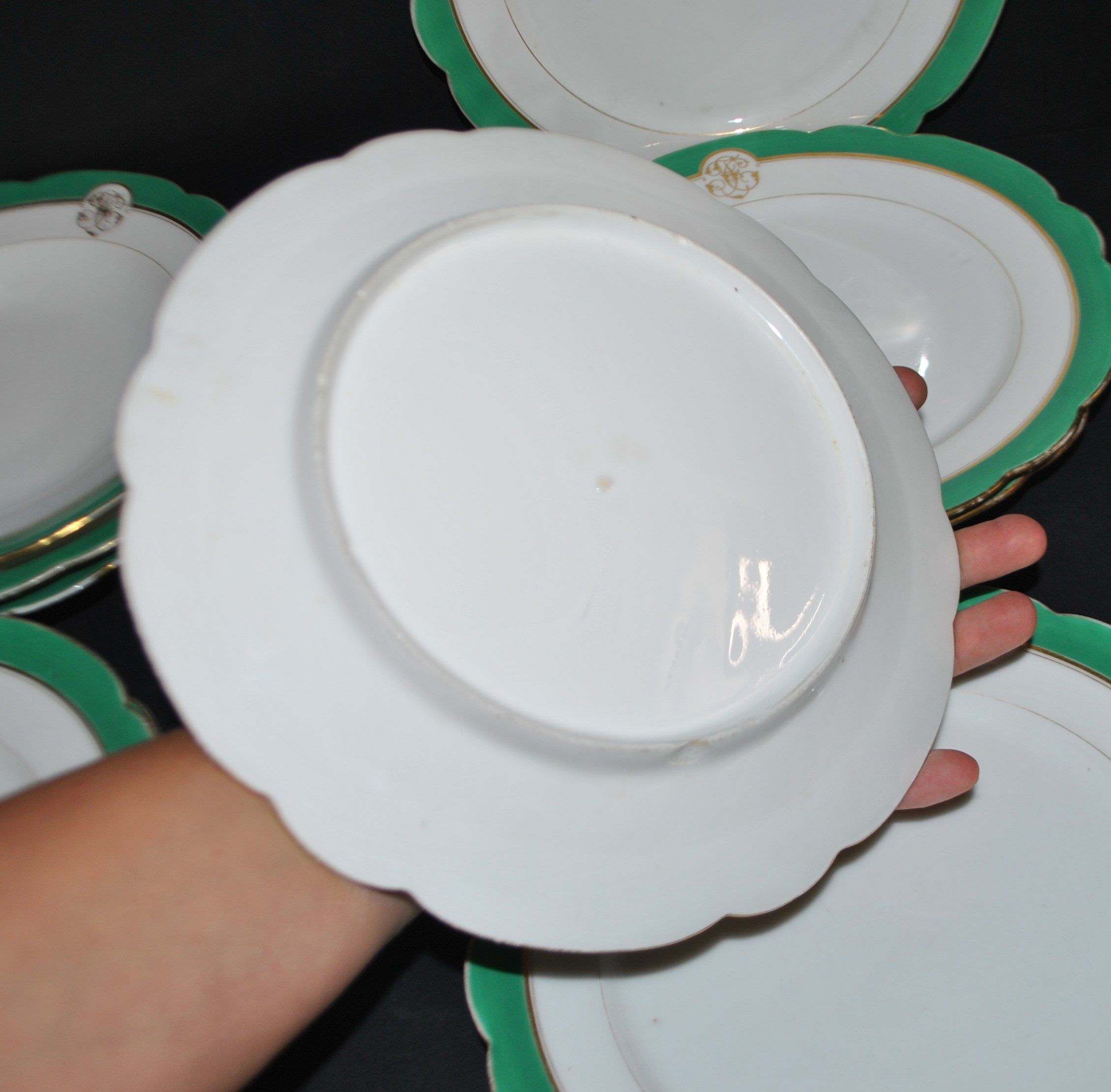 Paris porcelain set of 6 flat plates and 6 deep plates with JC gold monogram.