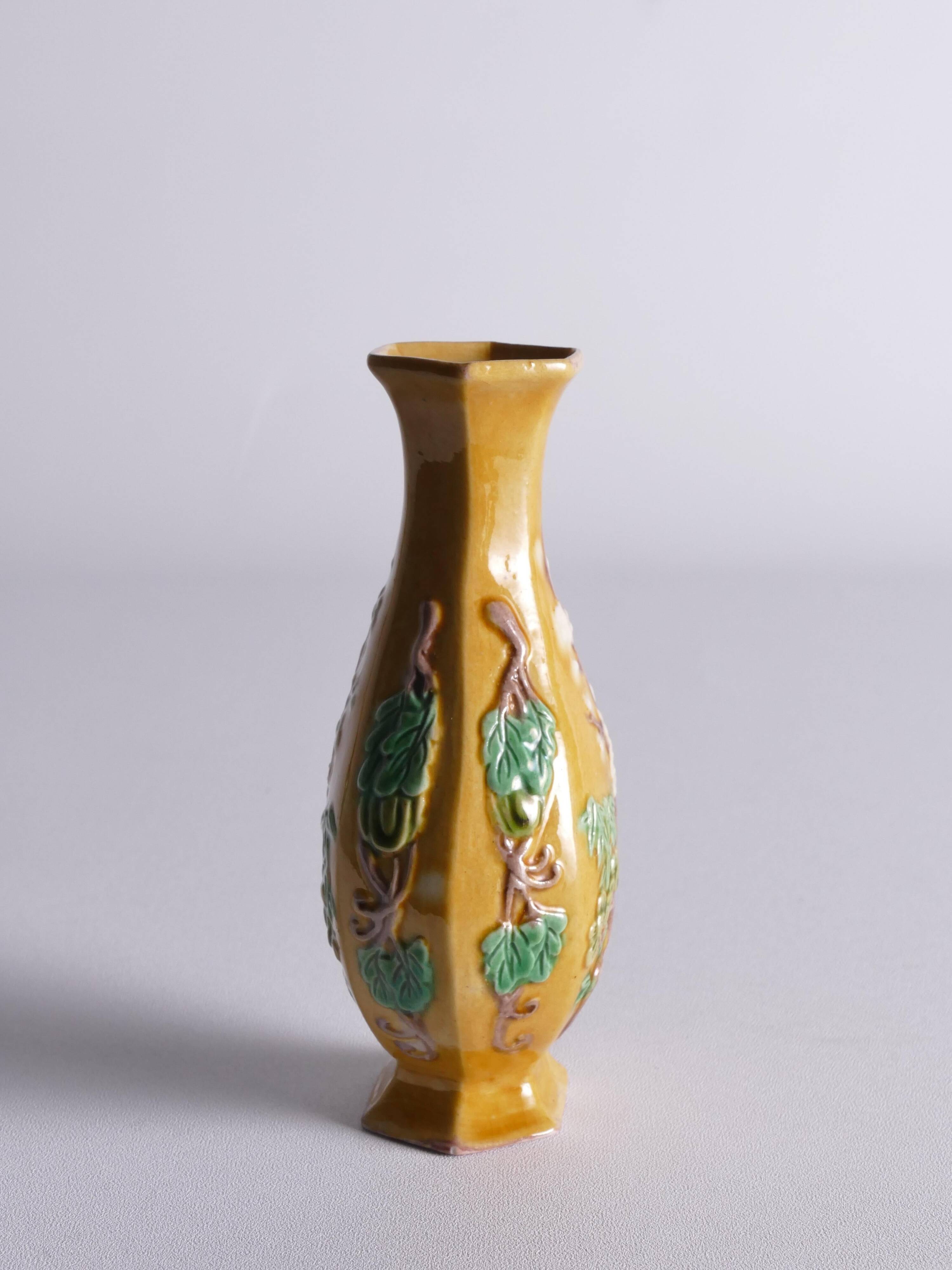 Chinese Yellow Glazed Hexagonal Relief Porcelain Vase with Prunus Motif
