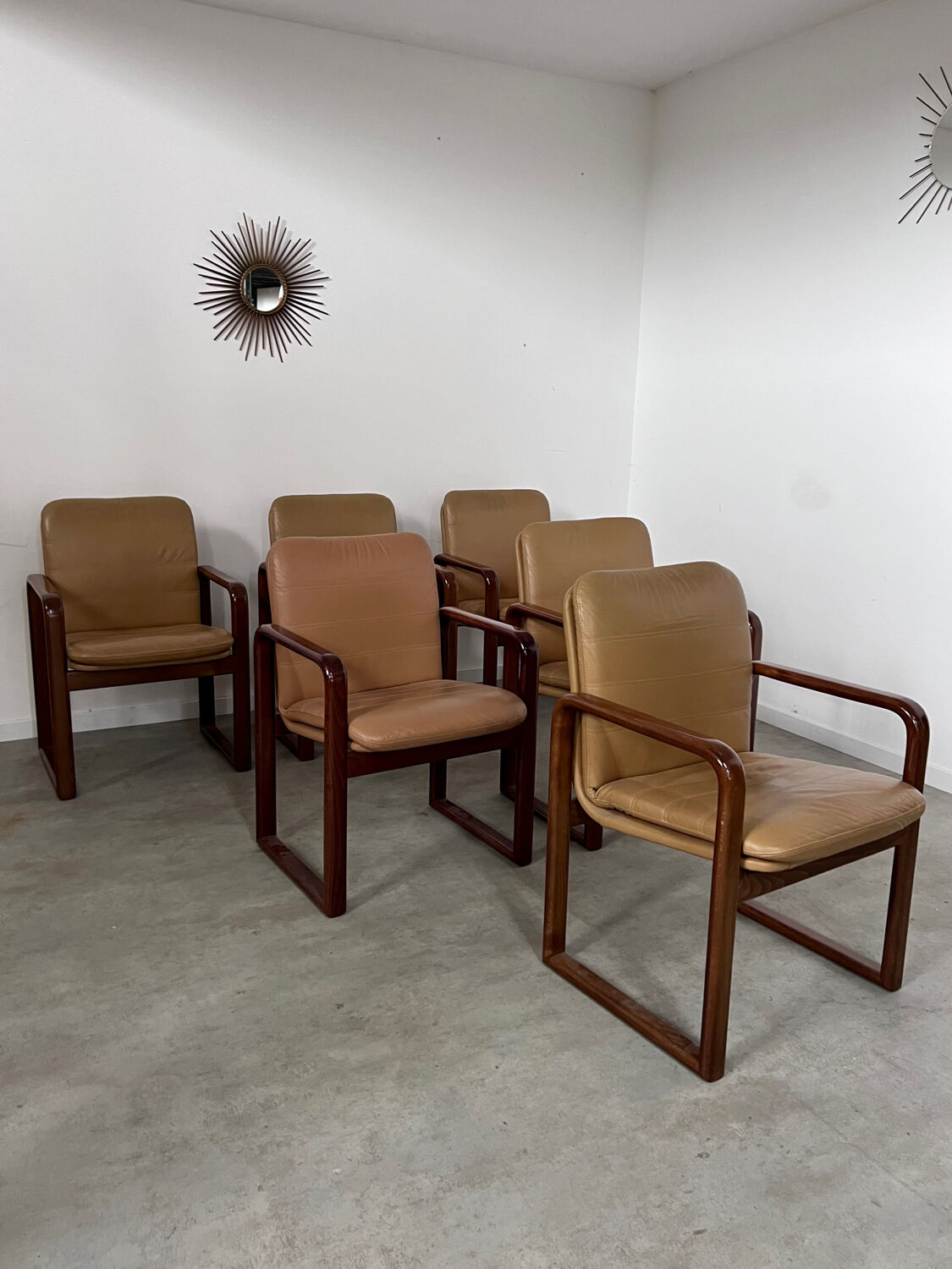 Lot 6 chairs armrests vintage 70s Scandinavian design leather and wood