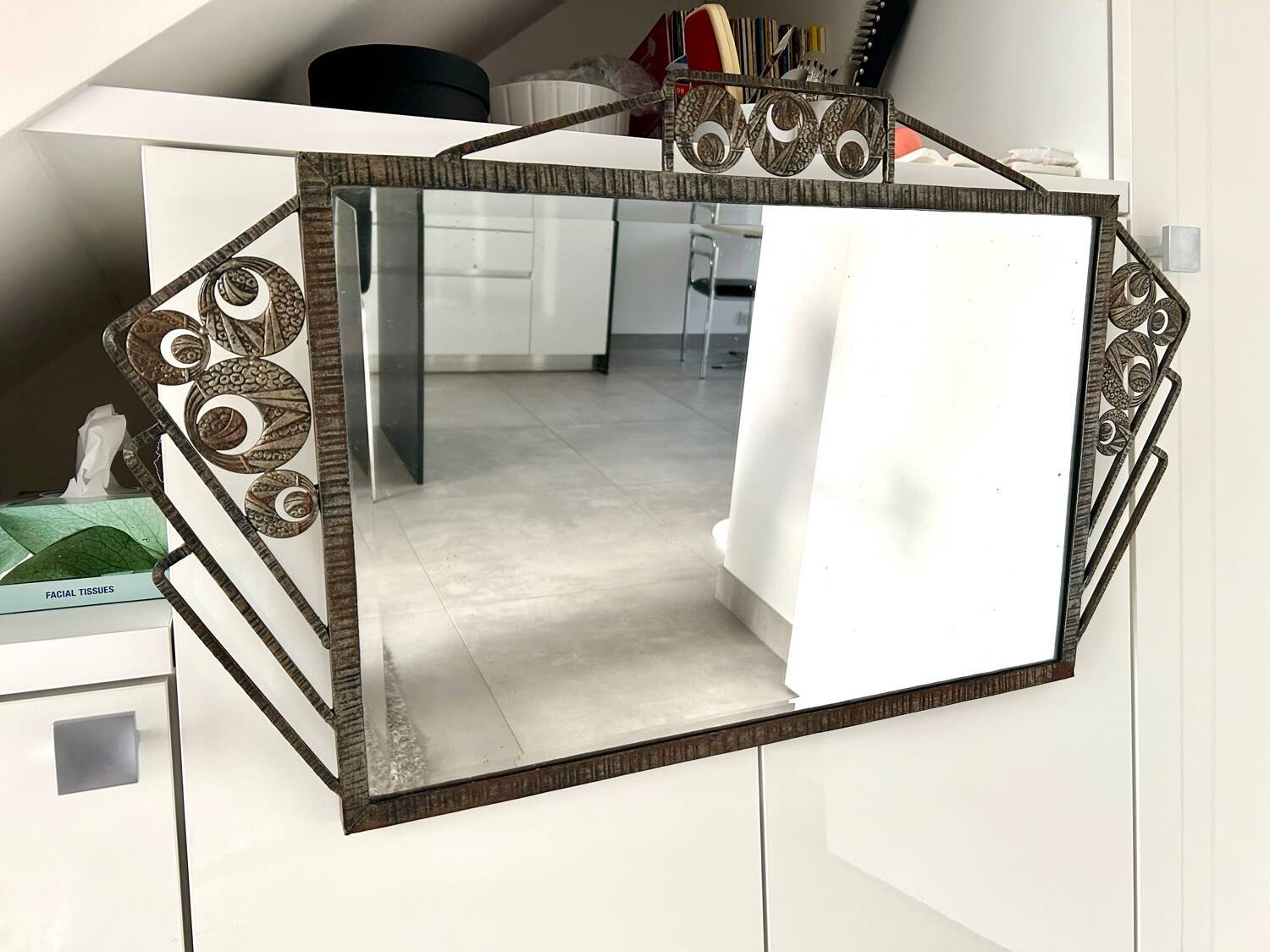 Art Deco mirror 1930 hammered iron and beveled mirror