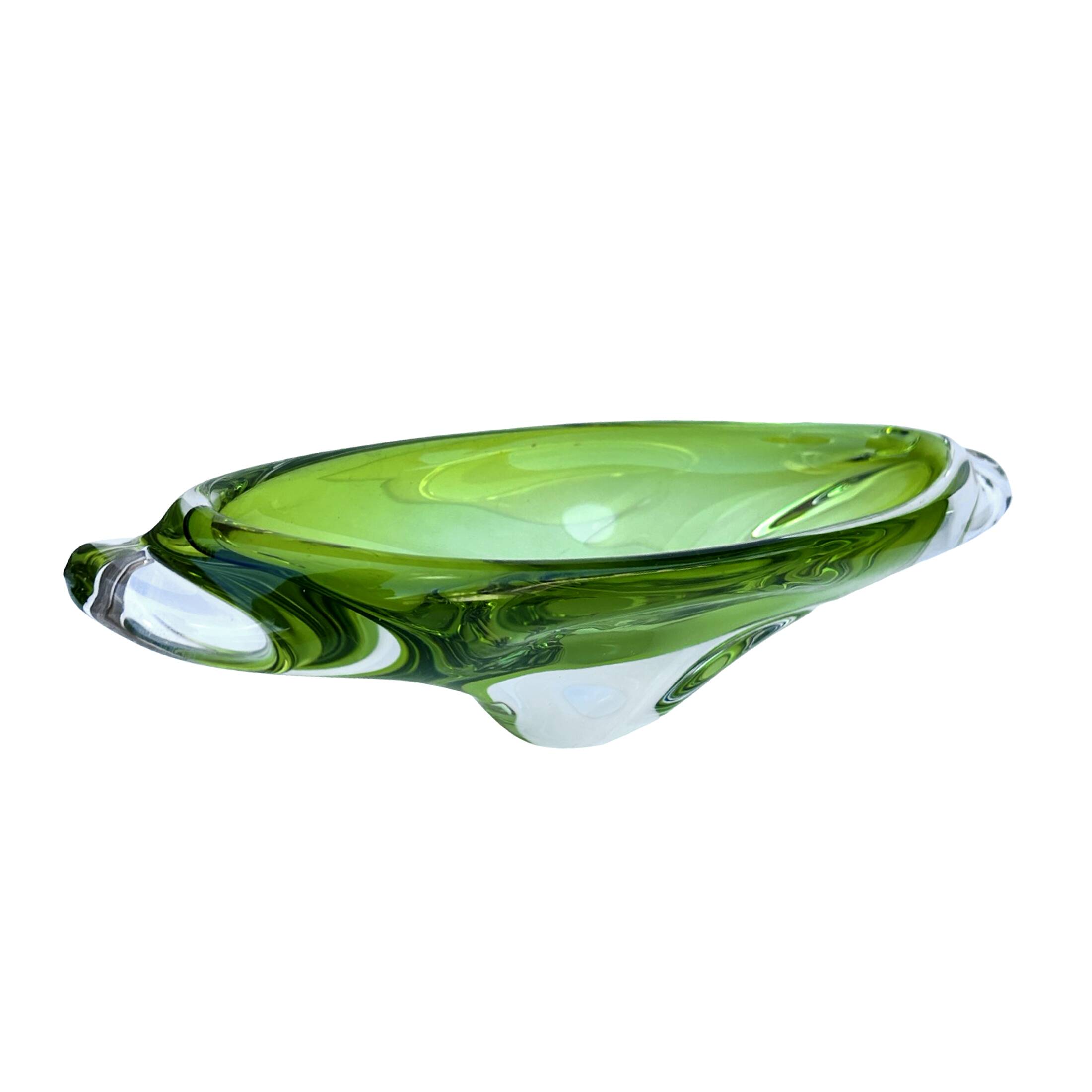 Green glass bowl, designed by J. Broz, Skrdlovice, Czechoslovakia, 1960s.