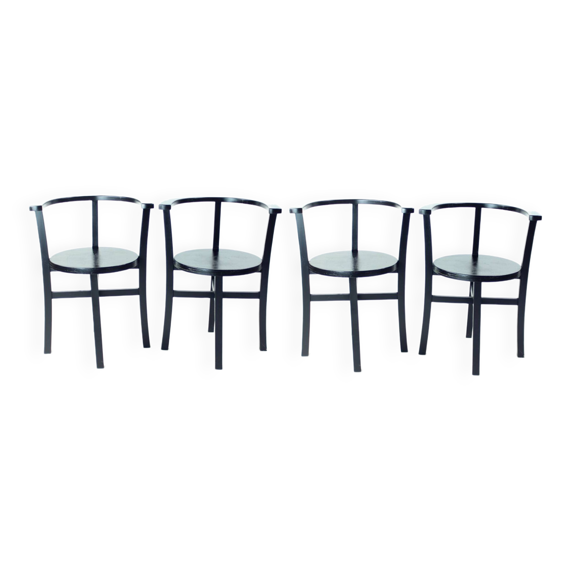 Set Of 4, Black Oak Dining Chairs, Czechoslovakia 1930s