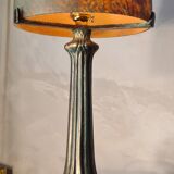 Lampe champignon pate de verre pied metal patiné bronze 39x18 elec refait a neuf