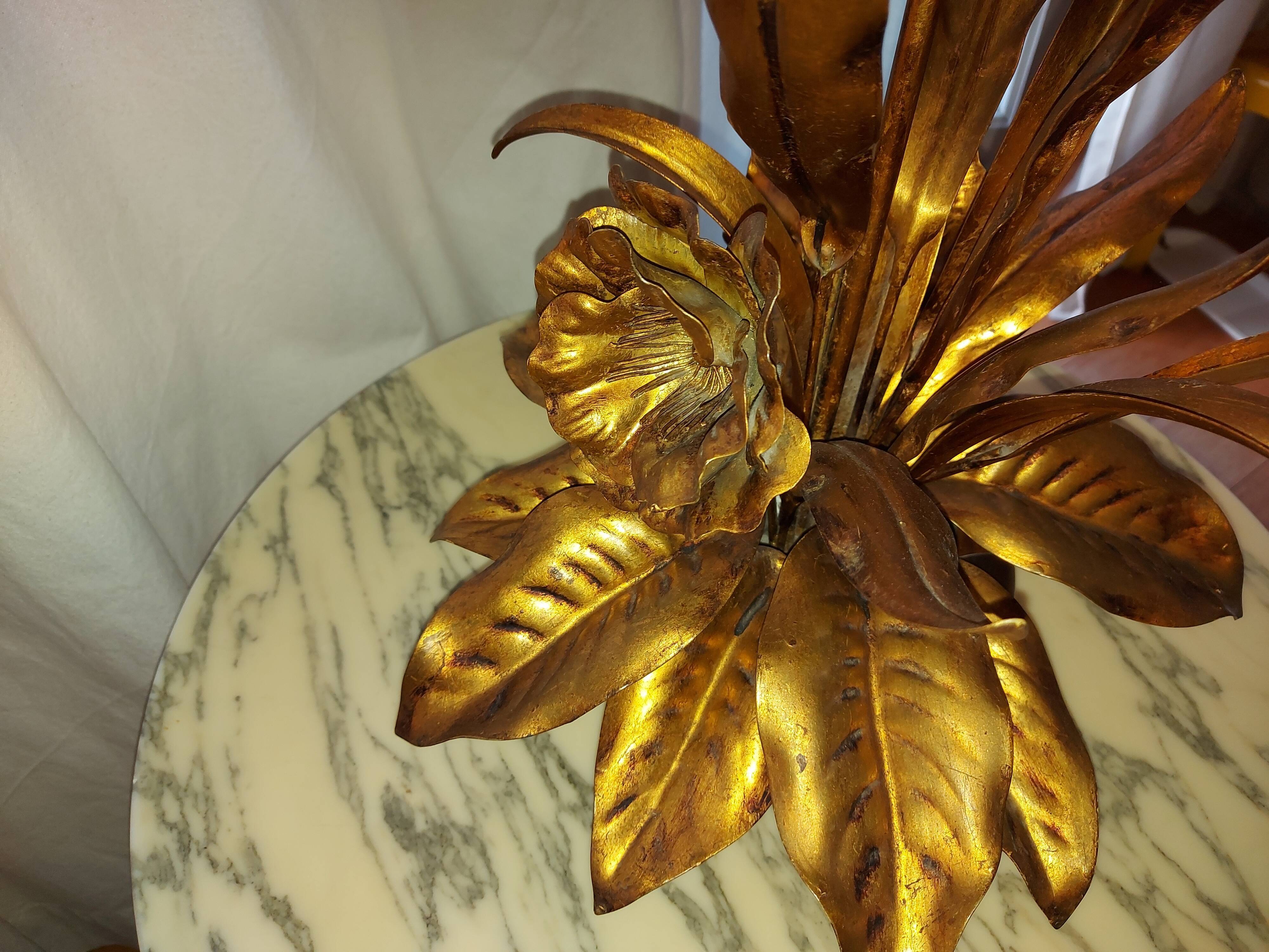 Large lamp, bouquet of vintage anemone flowers, gold metal, Hans Kogl