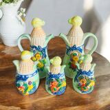 Vintage ceramic condiment set, barbotine: Salt, pepper, sugar, oil and vinegar