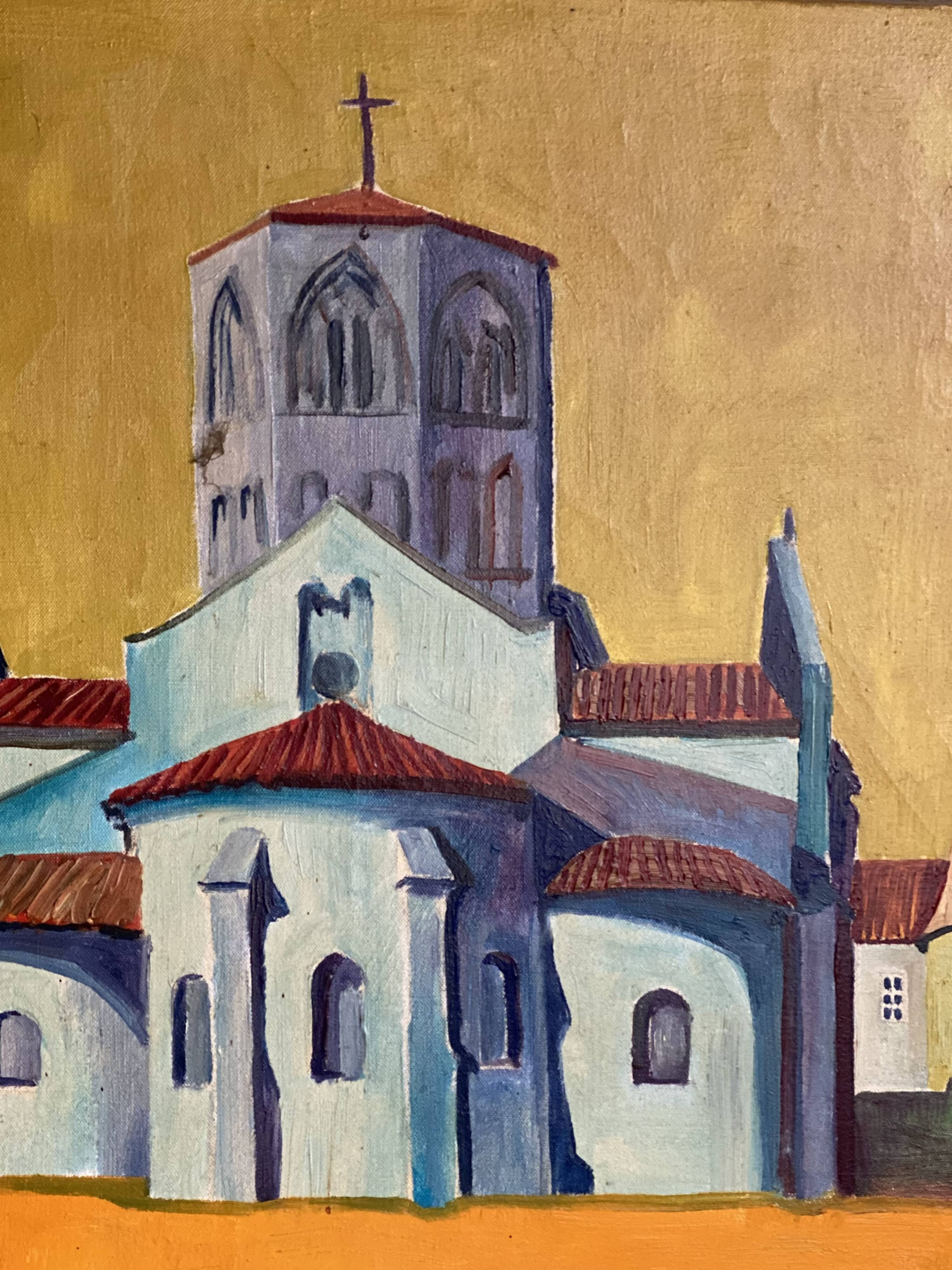 Painting by Michel Perrin, Provence church on yellow background, 1966