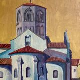 Tableau de Michel Perrin "Eglise de provence sur fond jaune" 1966