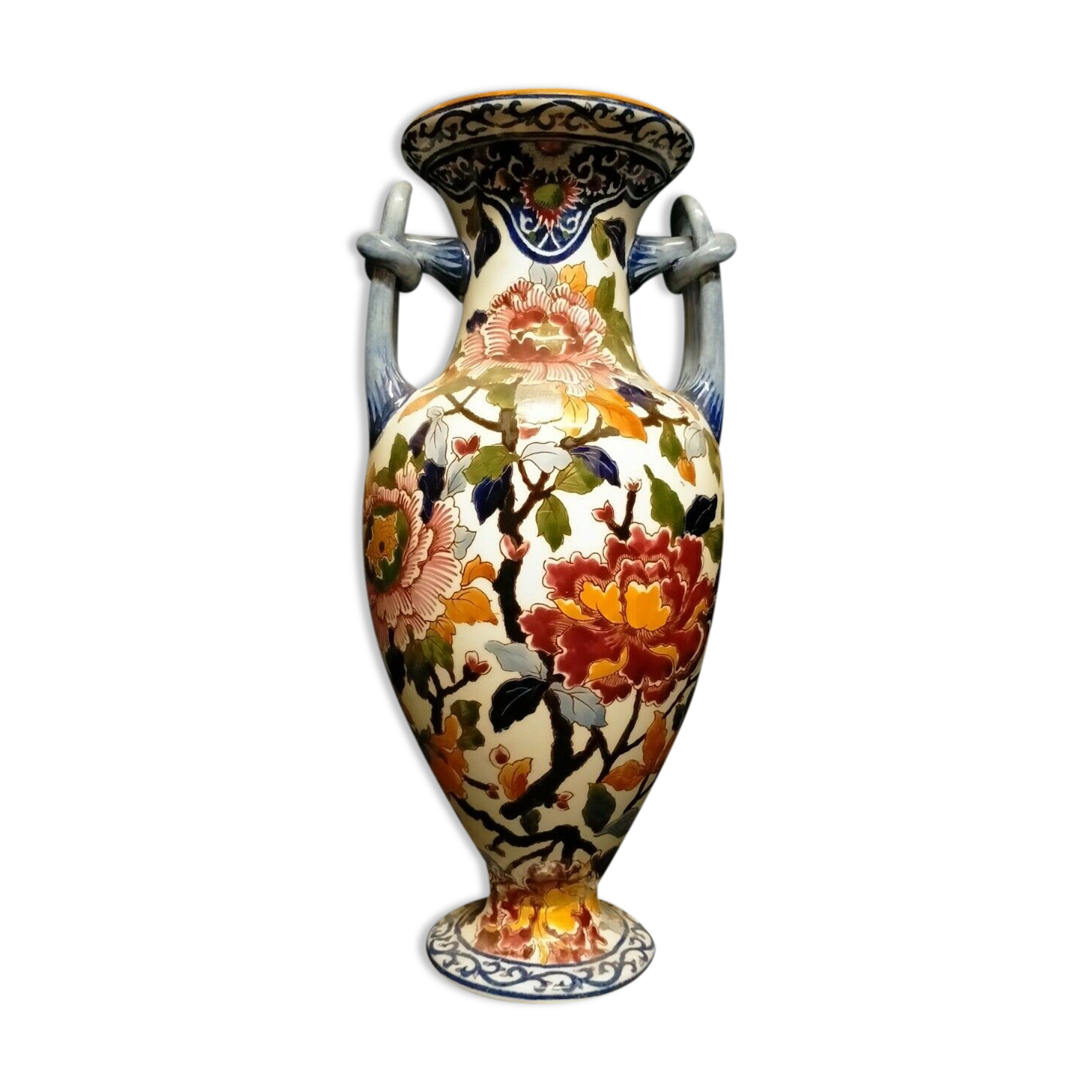 Gien earthenware vase with peony decoration