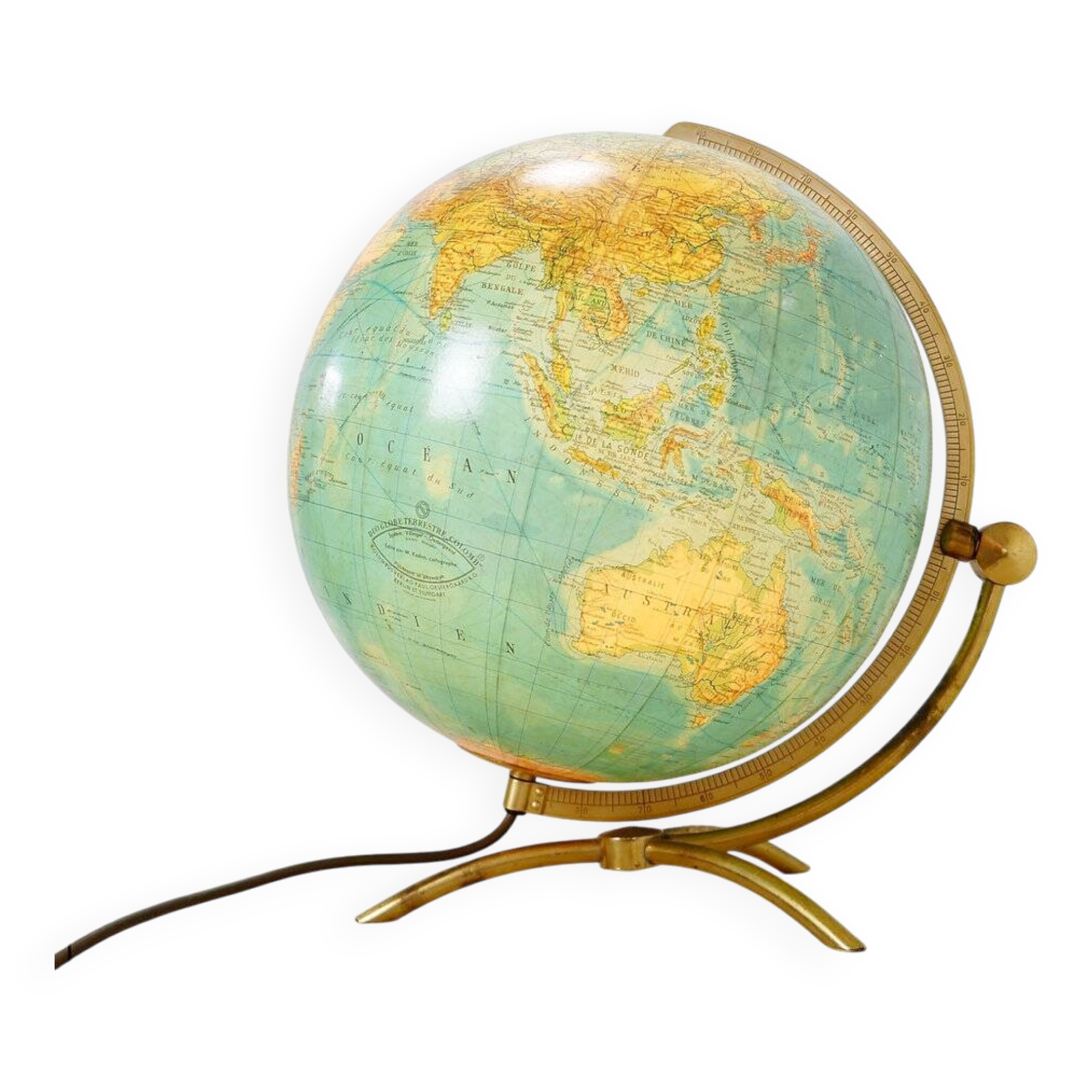 Glass & brass luminous world map by Paul Oestergaard for Colombus Verlag - 1950s