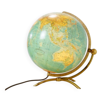 Glass & brass luminous world map by Paul Oestergaard for Colombus Verlag - 1950s