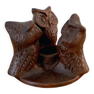 Ceramic Three Owls Tea Light Holder, Vintage Stoneware Candle Holder