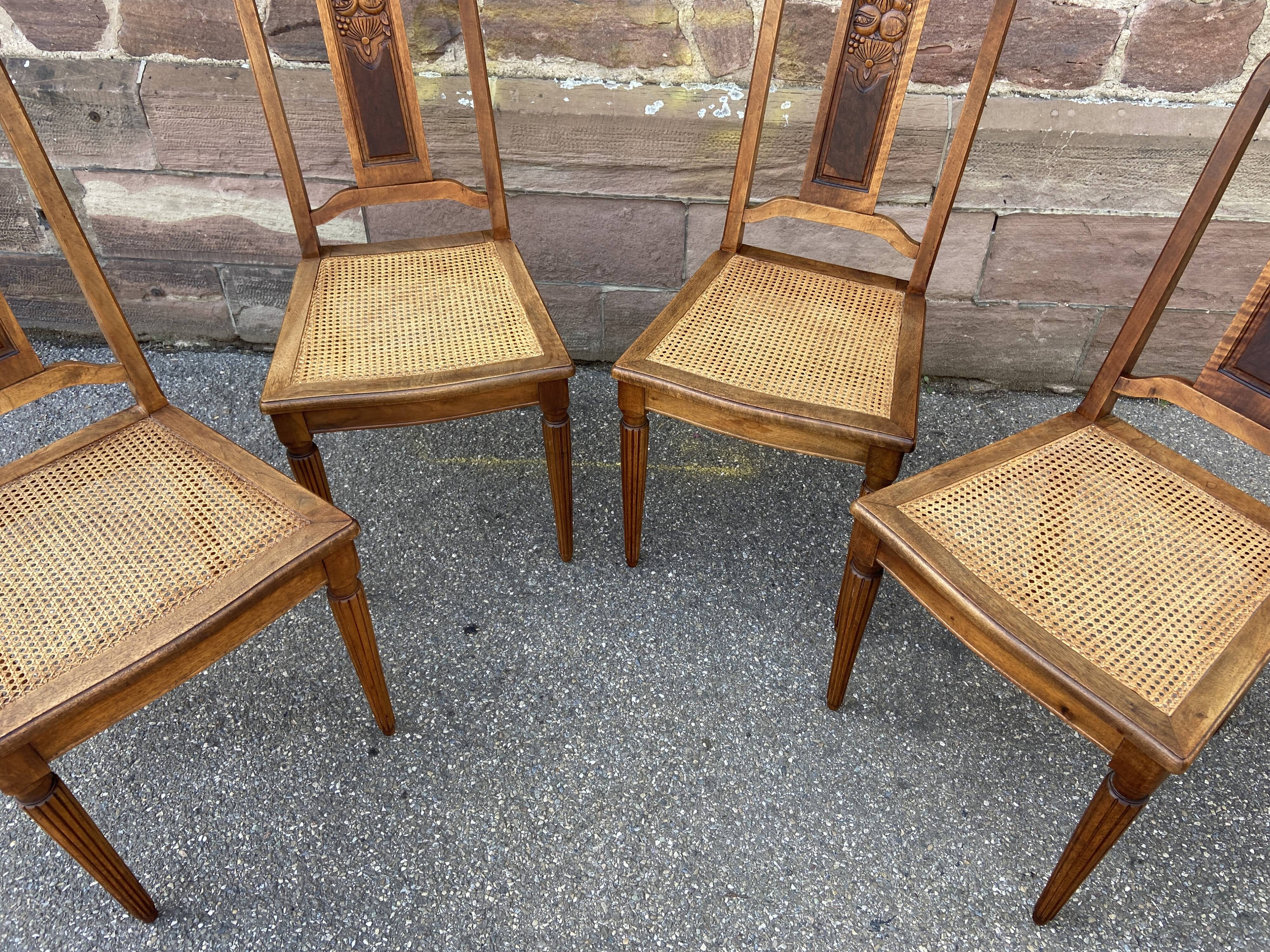 4 chaises noyer cannage Art déco 1930 motif floral French