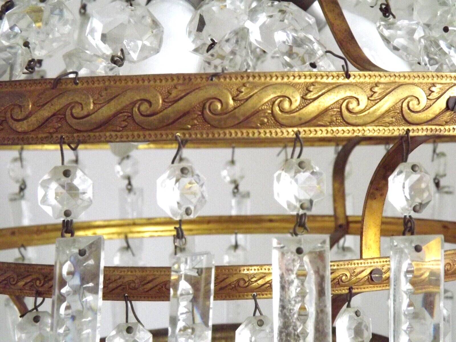 1900s Brass and Crystal Cascade Chandelier