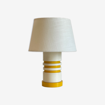 Lampe vintage en bois laqué jaune et blanc
