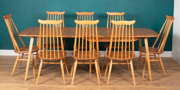 Table de salle à manger rétro en orme blond modèle 444, grande planche et 8 chaises de salle à manger d'orfèvre