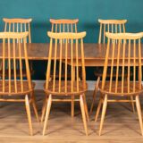 Retro Blonde Elm Model 444 Grand Plank Dining Table & 8 Goldsmith Dining Chairs