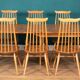 Retro Blonde Elm Model 444 Grand Plank Dining Table & 8 Goldsmith Dining Chairs