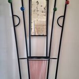 Vintage wooden and metal cloakroom, antique coat rack for entrance hall
