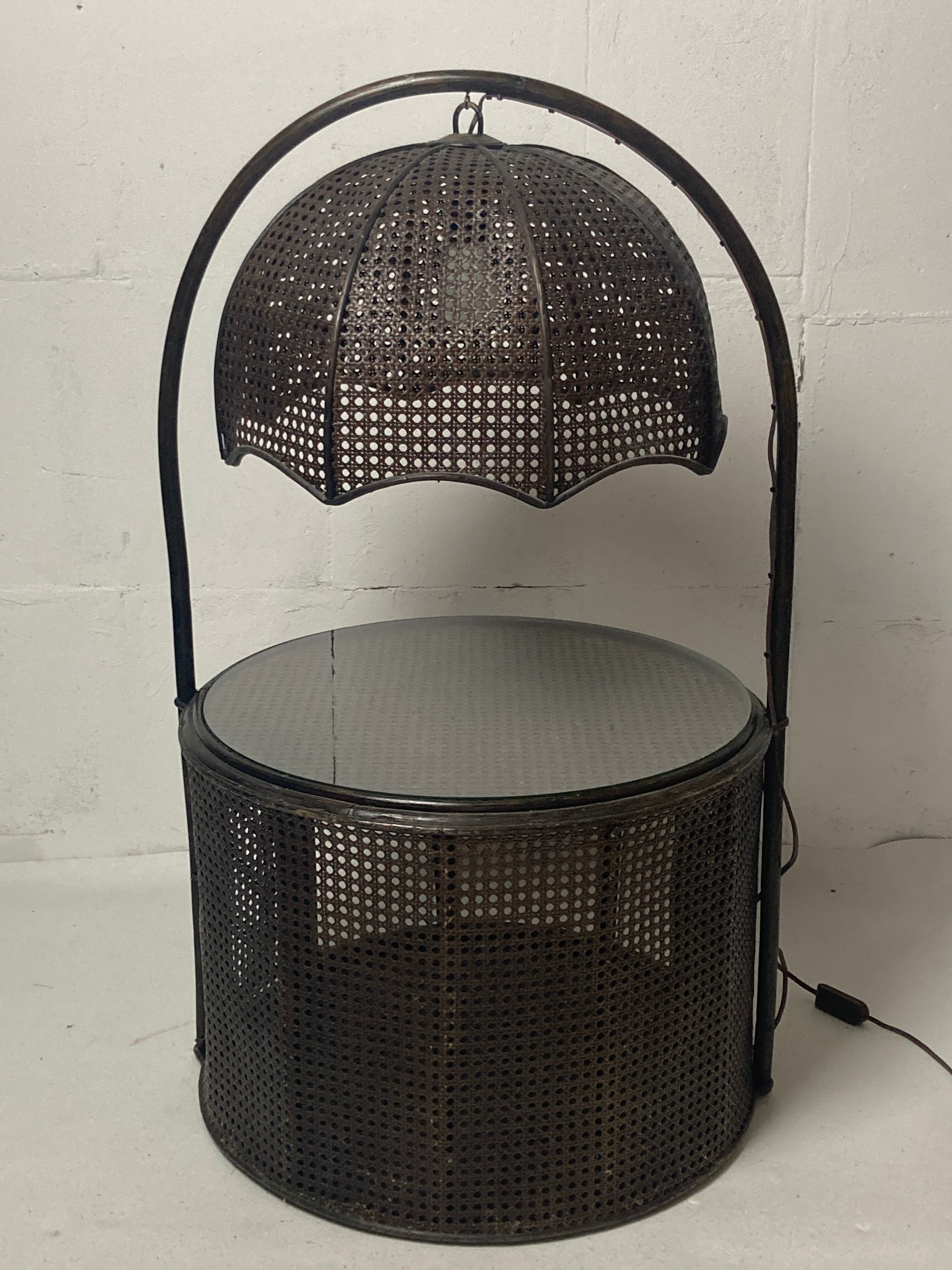 Faux bamboo rattan webbing side table with integrated hanging lamp, Dutch 1960s-1970s
