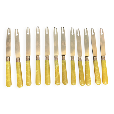 Arts de la table, écrin 12 couteaux à fruit vermeil et galalithe début XXXè