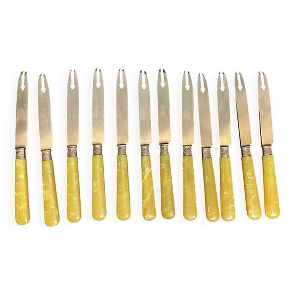 Arts de la table, écrin 12 couteaux à fruit vermeil et galalithe début XXXè