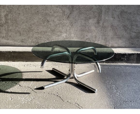 Round coffee table in chromed metal and smoked glass,1970s