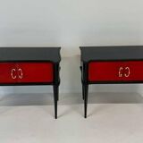 Pair of Italian Art Deco Nightstands in Red Parchment and Black Lacquer, 19