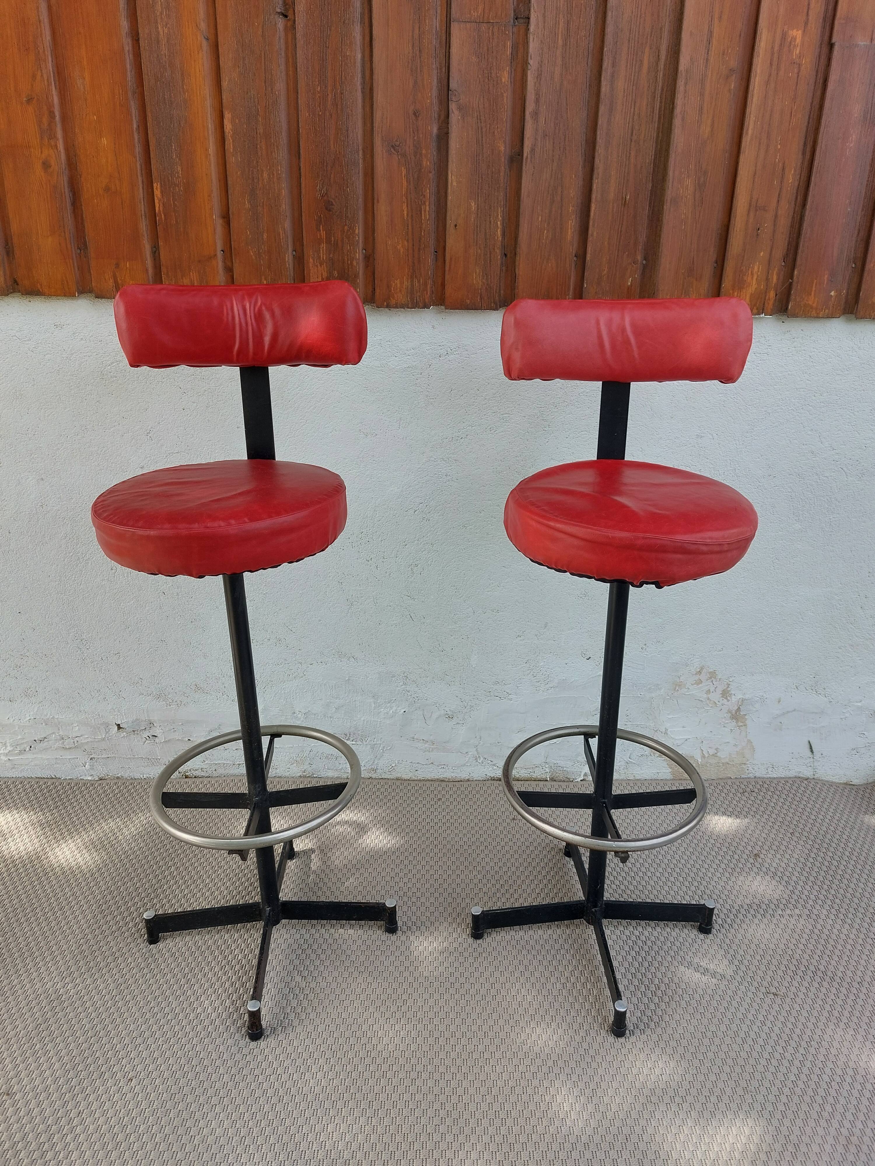 pair of high stools, leather, vintage, industrial